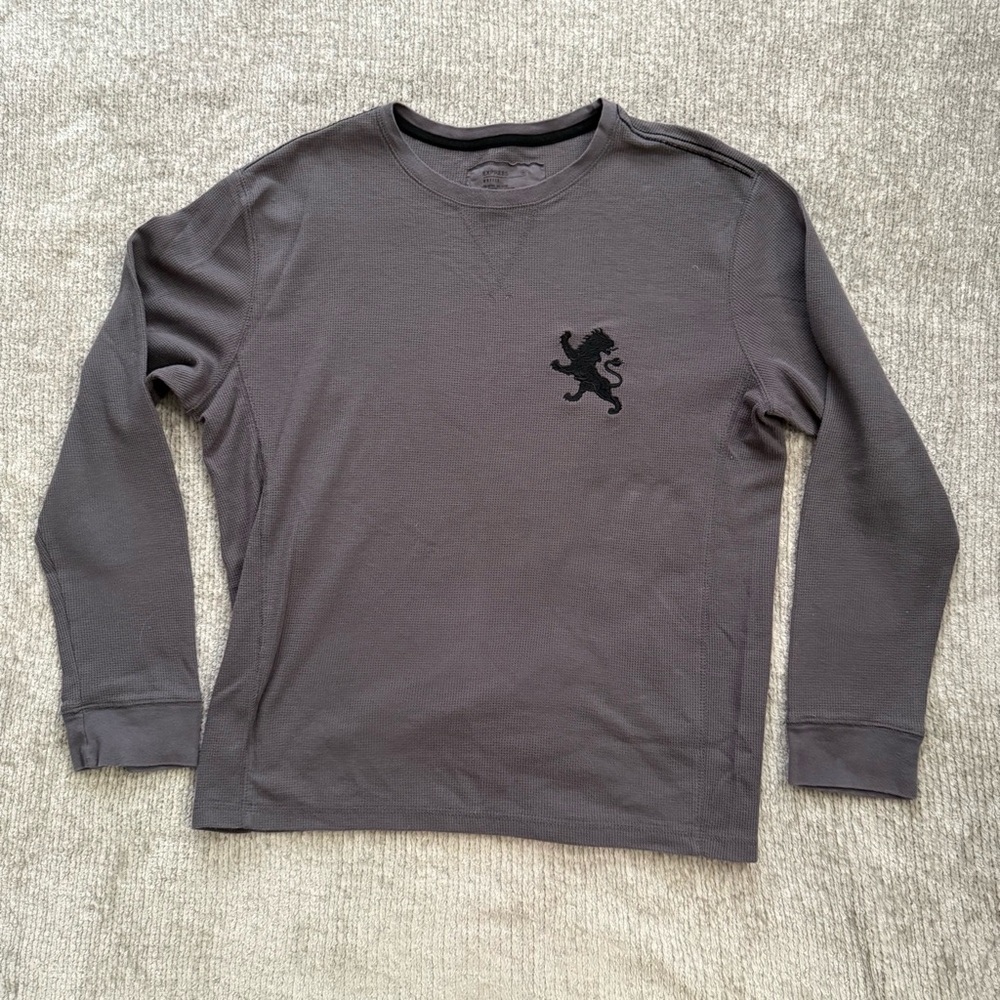 Express Gray Waffle Knit Thermal Shirt XL Long Sleeve Lion Graphic‎ 90s Y2K